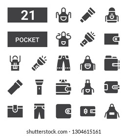 pocket icon set. Collection of 21 filled pocket icons included Apron, Wallet, Trousers, Flashlight