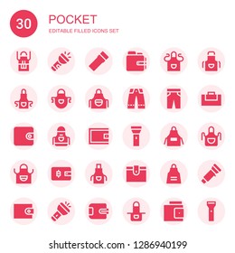 pocket icon set. Collection of 30 filled pocket icons included Apron, Flashlight, Wallet, Trousers, Gym bag