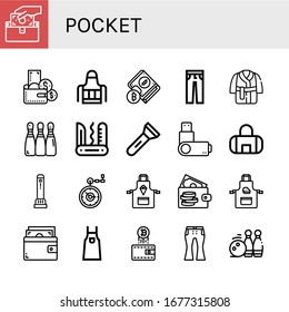 pocket icon set. Collection of Wallet, Apron, Jeans, Bath robe, Bowling, Swiss army knife, Flashlight, Usb flash drive, Gym bag, Pocket watch, Bowling pins icons