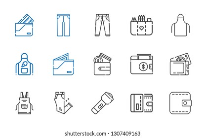 pocket icons set. Collection of pocket with wallet, flashlight, trousers, apron, jeans. Editable and scalable pocket icons.