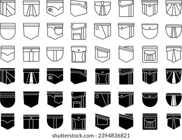 Pocket Icons Set. Men and women shirts, jeans pockets. Casual garment. Simple Flat clothing category in store, casual unisex styles editable stock. Contour isolated Vectors transparent background.