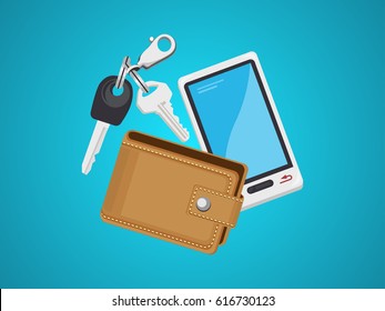 Pocket items. Keys and keychain, smartphone, leather wallet (purse). 