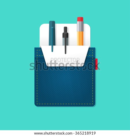 Pocket jeans with denim pocket protector with pens, pencils flat modern symbol, abstract bag, stationery shop emblem concept, office supplies, design vector illustration isolated on green background