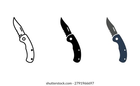 Pocket knife icon set featuring folding blade design in outline solid black and dark blue color for camping outdoor utility and survival equipment industry graphic assets