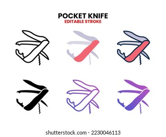 Pocket Knife icon set vector line, outline, glyph, filled line, flat color, line and flat gradient. Editable stroke and pixel perfect. Can used for digital product, presentation, UI and many more.