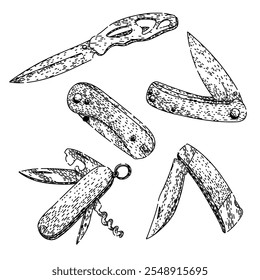 pocket knife set hand drawn. tactical multi, sharp compact, durable versatile pocket knife vector sketch. isolated black illustration