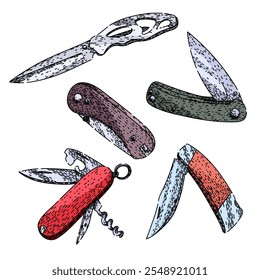 pocket knife set hand drawn. tactical multi, sharp compact, durable versatile pocket knife vector sketch. isolated color illustration