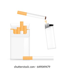 Pocket lighter, cigarette and a pack of cigarettes. Narcotic addiction concept. Set for smokers. Realistic vector illustration.