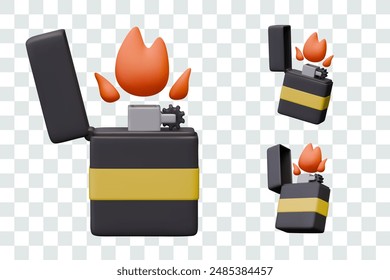 Encendedor de bolsillo con llama. Dispositivo realista para encender fuego. Conjunto de Elementos de Vector