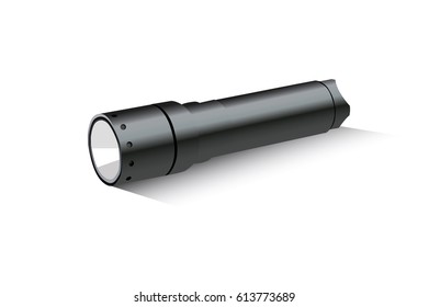 Pocket metallic touristic flashlight. Luminescence equipment.