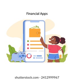 Pocket money concept. Young girl explores a financial app, learning to manage her savings, with a piggy bank nearby. Digital finance for kids. Modern budgeting tools. Flat vector illustration