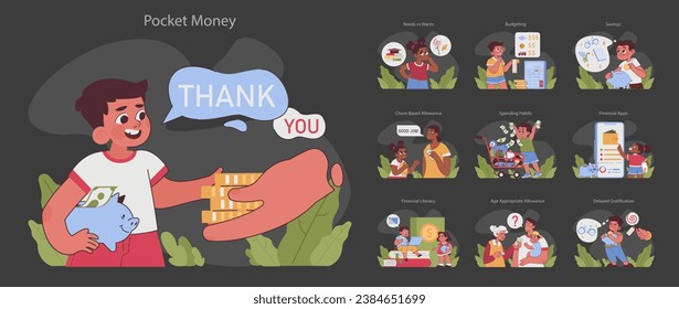 Pocket money dark or night mode set. Kids learning financial skills, from savings to budgeting. Allowance for doing chores. Financial literacy, kids needs and wants. Flat vector illustration