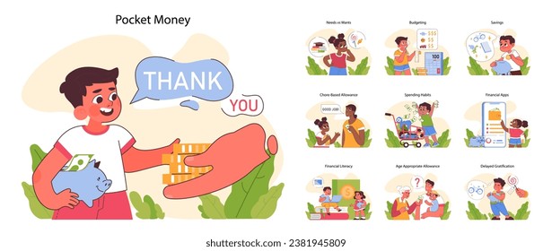 Pocket money set. Kids learning financial skills, from savings to budgeting. Allowance from parents for doing chores. Choosing between needs and wants. Financial literacy. Flat vector illustration