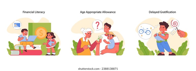 Pocket money set. Kids learning financial skills, from savings to budgeting. Allowance from parents for doing chores. Choosing between needs and wants. Financial literacy. Flat vector illustration