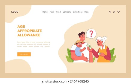 Pocket money web or landing. Kind grandmother offers a lot of cash to surprised baby, while puzzled father watches. Lessons on allowances. Family dynamics around finance. Flat vector illustration