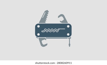 Pocket multi tool utility knife icon showing various blades, a saw, corkscrew, and screwdriver tools.