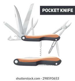 Pocket multifunctional knife with scissors screwdriver opener and corkscrew realistic color concept vector illustration