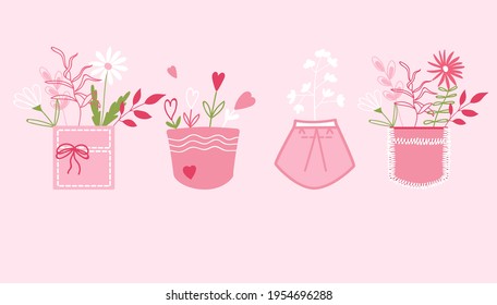 Pocket Patch with blossom. Set of Wildflowers bouquet in pink color. Fashion Bundle with floral spring elements. Cute Twigs, hearts plant for invitation, decoration. Botany design for apparel.