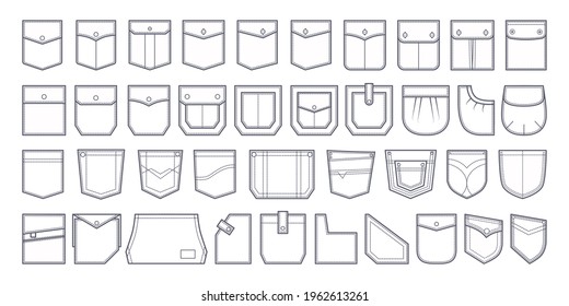 Pocket patch set. Pockets for fashion design shirt, dress, denim, round, oval, rectangular shapes. Vector graphics in sketch outline. Icon.