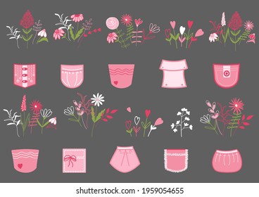 Pocket Patch. Set of Wildflowers bouquet. Fashion pink collection with floral spring elements. Herbs, hearts plant for invitation, decoration. Botany design for t-shirt.