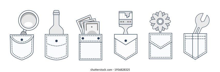 Pocket patches with items inside: magnifying glass, bottle, wrench, flower, brush and money. Textile uniform pockets clothing uniforms bag collection of vector pictures.