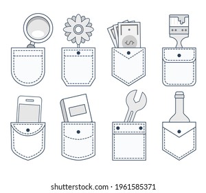 Pocket patches with items inside: magnifying glass, bottle, wrench, flower, brush, book, phone and money. Textile uniform pockets clothing uniforms bag collection of vector pictures.