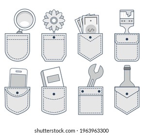 Pocket patches with items inside: magnifying glass, bottle, wrench, flower, brush, book, phone and money. Textile uniform pockets clothing uniforms bag collection of vector pictures.