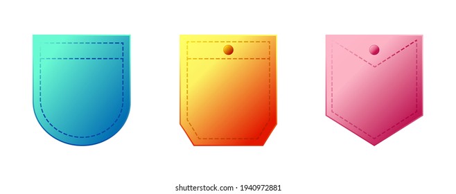 Pocket patches. Neon gradient pockets shapes for clothes bag vector pictures collection