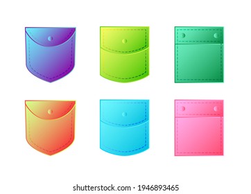 Pocket patches. Neon gradient pockets shapes for clothes bag vector pictures collection