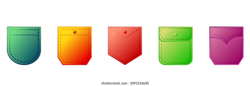 Pocket patches. Neon gradient pockets shapes for clothes bag vector pictures collection