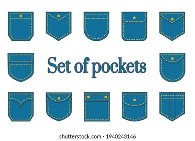 Pocket patches. Textile uniform blue pockets shapes for clothes bag vector pictures collection. 