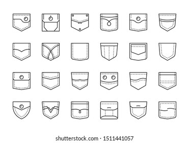 Pocket patches. Textile uniform pockets shapes for clothes bag vector pictures collection