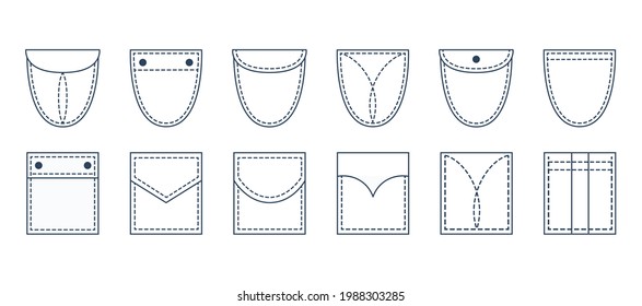 Pocket patches. Textile uniform pockets shapes for clothes bag vector pictures collection. 