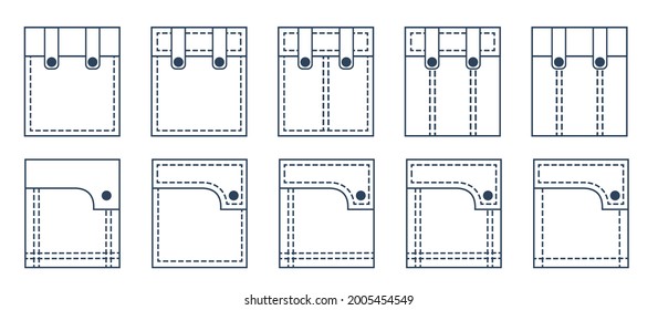 Pocket patches. Textile uniform pockets shapes for clothes bag vector pictures collection. 