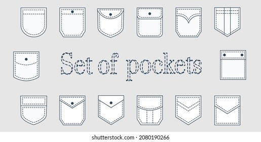 Pocket patches. Textile uniform pockets shapes for clothes bag vector pictures collection.