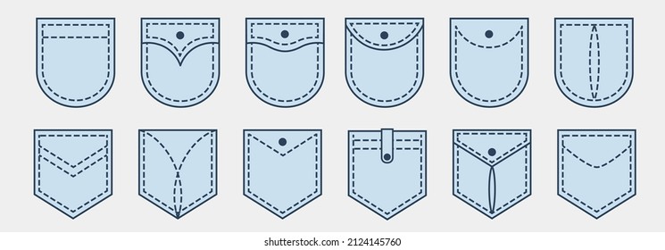 Pocket patches. Textile uniform pockets shapes for clothes bag vector pictures collection. 