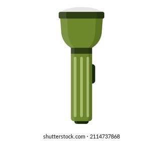 Pocket portable flashlight or Electric lamp battery powered. Touristic equipment for camping and tourism. Military concept for army, soldiers and war. Vector cartoon isolated illustration.