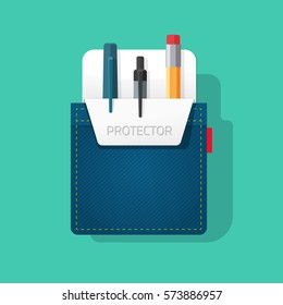 Pocket Protector Vector Illustration, Flat Style Jeans Shirt Pocket With Pen And Pencils, Tools