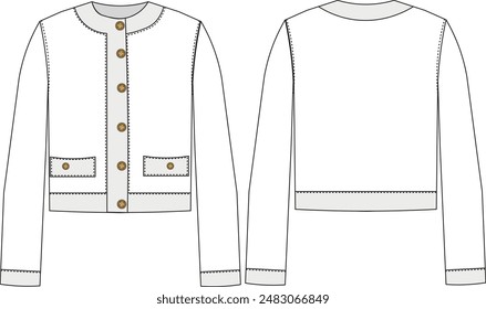 mit Rundhalsausschnitt-Rundhalsausschnitt-geknöpfter Langarm-Strickjacke-Jacke-Muster, Mode-CAD-Zeichnung, Textile Flache Skizze, Mode-Vorlagen, 