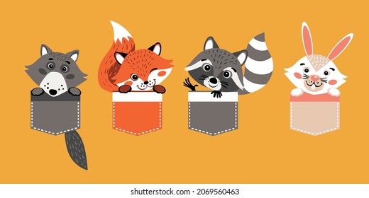 Pocket set of cute cartoon characters. Children's collection of funny, happy, surprised animals in pockets. Children's print of a wolf, fox, raccoon and a hare on a T-shirt. T-shirt design. 