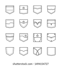 Pocket shapes. Textile sew clothe pockets bag casual style vector template