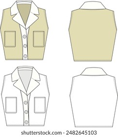 with pocket sleeveless collared buttoned cropped crop denim jean leather vest technical drawing flat sketch fashion, woman, template