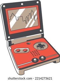 Pocket Space-Spielkonsole auf dem Bildschirm, auf dem das Panorama der Stadt platziert wird