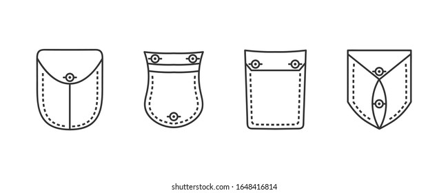 Pocket Symbols. Pattern for clothes. Black and white illustration. Set of patch pockets and fabric element. Set of part of clothes. Design elements. Vector illustration, EPS 10.