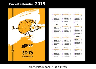 Pocket template calendar for year 2019 with vector silhouette run fast boar. Design banner, poster with lunar moon zodiac symbol year earth pig 2019.