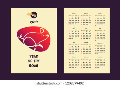 Pocket template calendar for year 2019 with vector silhouette run boar. Design banner, poster with lunar moon zodiac symbol year earth pig 2019.