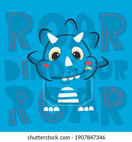 Dinosaurio de Pocket triceratops sobre el vector de ilustración de fondo azul, diseño de camisetas para niños.