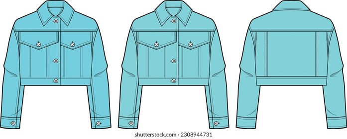 Pocket Trucker Denim Womens Jacket front and back flat sketch technical drawing vector illustration template