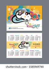 Pocket two sided calendar for the year 2020 with a beautiful illustration of the white Rat on a floral background of stylized vibrant nature. Can scale in 100 х 70 mm of the field for pruning 2 mm