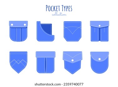 Pocket types set. Fashion and style. Elements of clothing, jeans. Poster or banner. Pack of pockets from various shapes. Cartoon flat vector collection isolated on white background